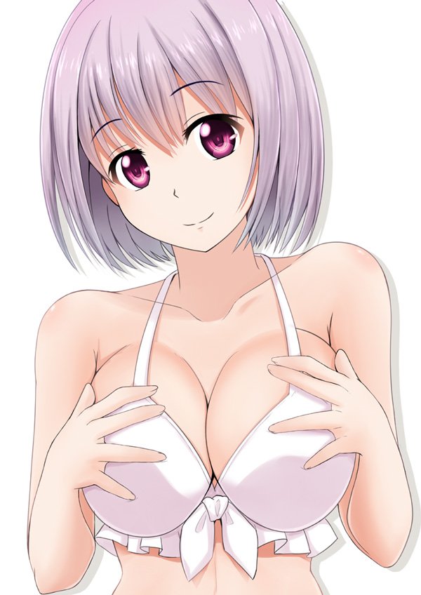 bikini breasts cleavage commentary_request frilled_bikini frilled_bikini_top frills front-tie_top fuuma_nagi large_breasts lavender_hair looking_at_viewer purple_eyes shinjou_akane short_hair simple_background smile solo ssss.gridman swimsuit upper_body white_background white_bikini