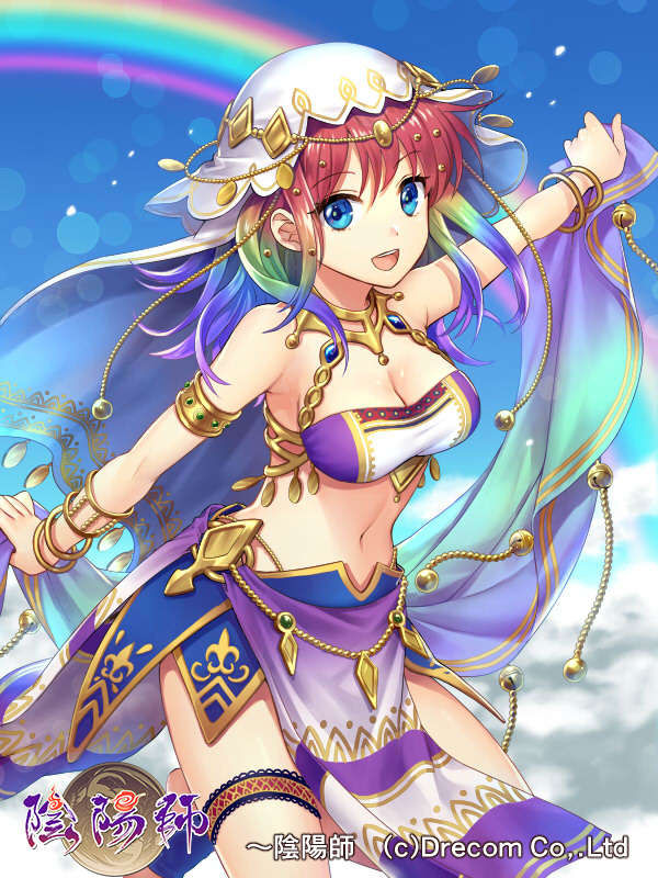 :d armlet bare_shoulders bell blue_eyes blue_sky bracelet breasts character_request cleavage cloud company_name day jewelry jingle_bell medium_breasts medium_hair multicolored_hair navel official_art onmyoji open_mouth outdoors rainbow rainbow_hair sky smile solo standing thigh_strap yamyom