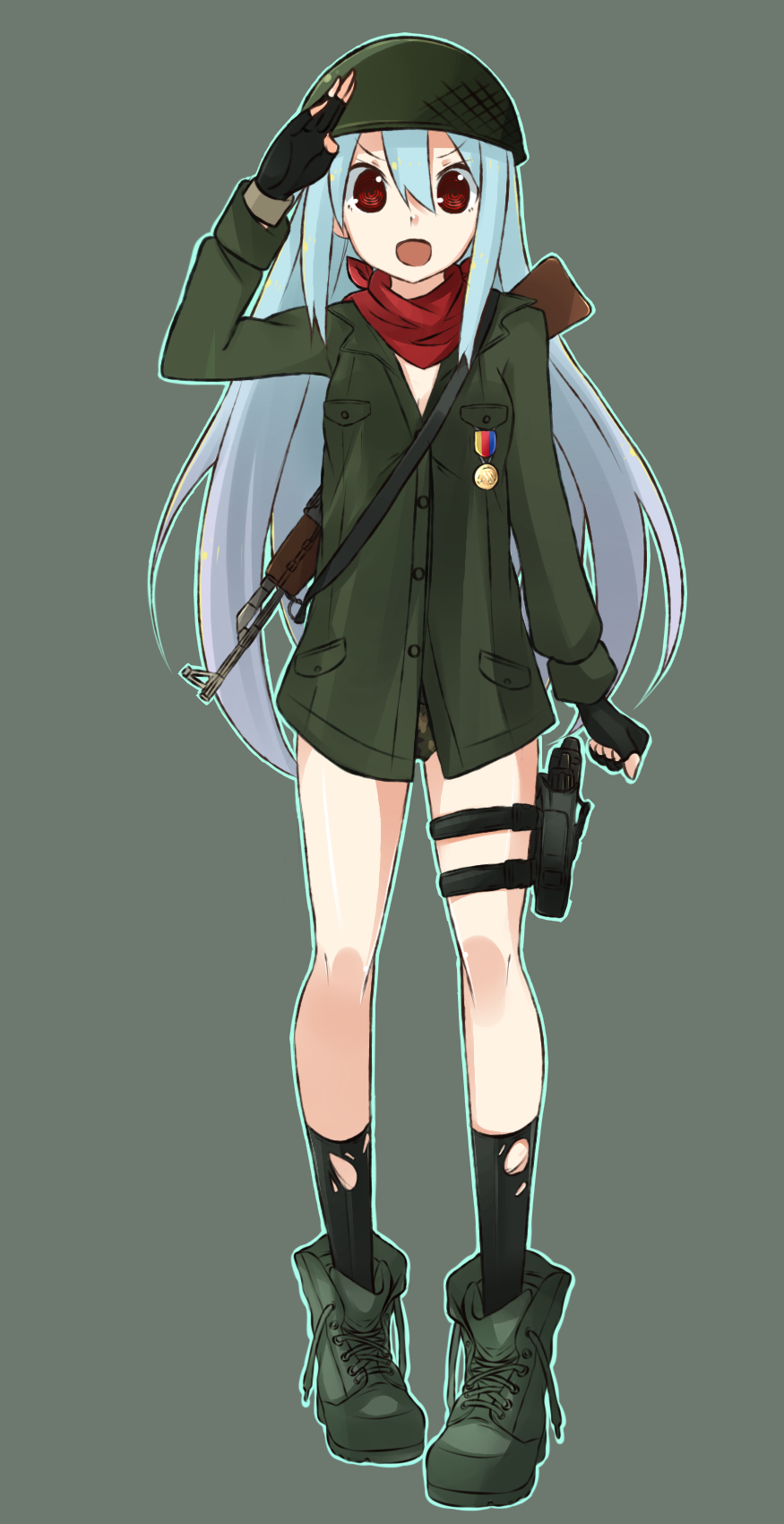 :d black_gloves black_legwear blue_hair blue_outline boots camouflage camouflage_panties clenched_hand cross-laced_footwear eyebrows_visible_through_hair fingerless_gloves full_body gloves green_background green_footwear green_helmet green_panties gun hair_between_eyes handgun helmet heshiko highres holster long_hair long_sleeves looking_at_viewer myuto_(advent_retribution) no_pants open_mouth outline panties pistol red_eyes red_scarf rifle salute scarf smile socks solo standing thigh_holster torn_clothes torn_legwear totsugeki!_ningen_sensha underwear untied_boots v-shaped_eyebrows very_long_hair weapon