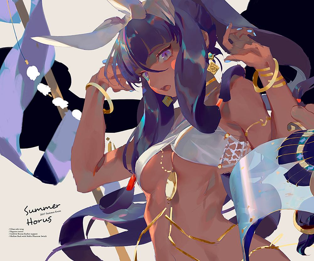 armlet arms_up bangle bikini bracelet breasts choker dark_skin earrings facial_mark fate/grand_order fate_(series) hair_tubes jewelry long_hair nail_polish navel nitocris_(fate/grand_order) open_mouth ponytail purple_eyes purple_hair rei_(sanbonzakura) side-tie_bikini sidelocks simple_background sketch small_breasts solo swimsuit underboob very_long_hair white_bikini_top