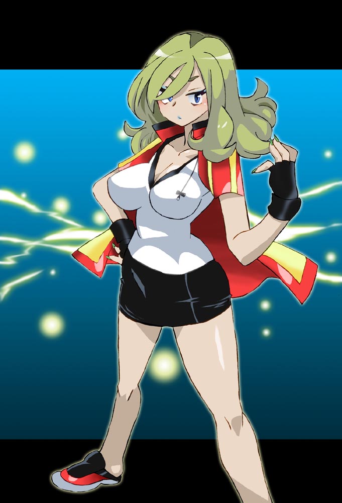 1girl ace_trainer_(pokemon) black_border black_skirt blue_eyes border breasts cleavage creatures_(company) fingerless_gloves game_freak gloves green_hair hand_on_hip large_breasts long_hair miniskirt nintendo npc_trainer onnaski pokemon pokemon_(game) pokemon_oras skirt solo standing