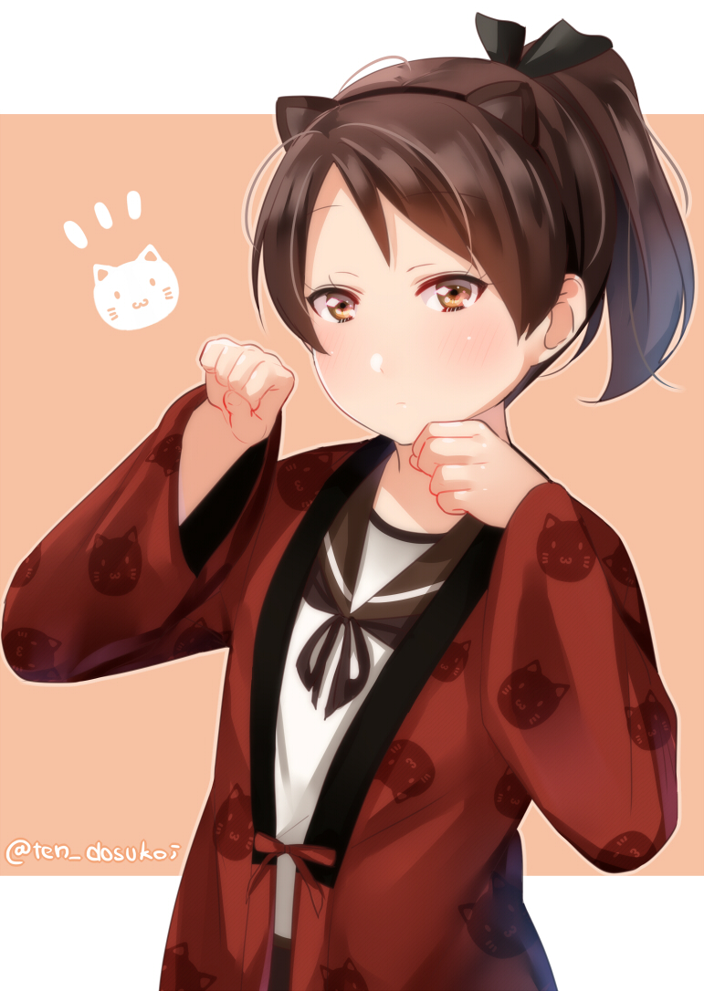animal_ears animal_print bangs black_sailor_collar blush brown_eyes brown_hair cat_ears cat_print closed_mouth commentary_request expressionless eyebrows_visible_through_hair fake_animal_ears flat_chest hairband hands_up hanten_(clothes) juurouta kantai_collection long_sleeves looking_at_viewer orange_background parted_bangs paw_pose raised_eyebrows sailor_collar school_uniform serafuku shikinami_(kantai_collection) shirt short_hair short_ponytail sketch_eyebrows solo twitter_username up_sleeve white_shirt wide_sleeves