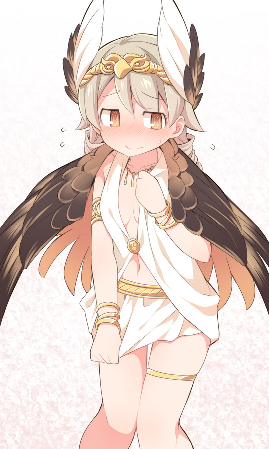 @_@ bangs blush breasts brown_eyes brown_hair brown_wings circe_(fate/grand_order) circe_(fate/grand_order)_(cosplay) closed_mouth collarbone commentary_request cosplay eyebrows_visible_through_hair fate/grand_order fate_(series) feathered_wings flying_sweatdrops hair_between_eyes hand_up head_wings headpiece idolmaster idolmaster_cinderella_girls jewelry long_hair looking_at_viewer morikubo_nono necklace nose_blush skirt skirt_tug small_breasts solo standing sweat ushi white_skirt white_wings wings