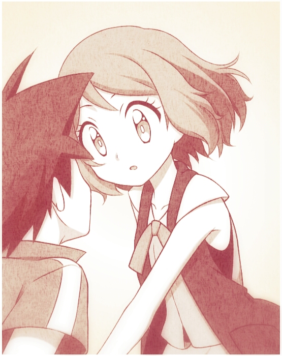 1boy 1girl bangs beige_background border coat collarbone creatures_(company) game_freak gradient gradient_background koudzuki_(reshika213) looking_at_another monochrome nintendo open_mouth pokemon pokemon_(anime) pokemon_xy_(anime) satoshi_(pokemon) sepia serena_(pokemon) shirt short_hair short_sleeves simple_background sleeveless sleeveless_shirt solo_focus white_border