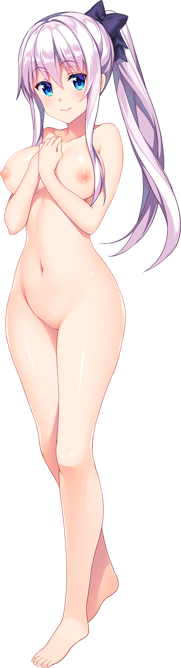 absurdres barefoot blue_eyes breasts charabration! eyebrows_visible_through_hair full_body hands_together high_ponytail highres ichinose_yukia large_breasts long_hair nanotaro navel nipples no_pussy nude official_art pink_hair smile solo transparent_background