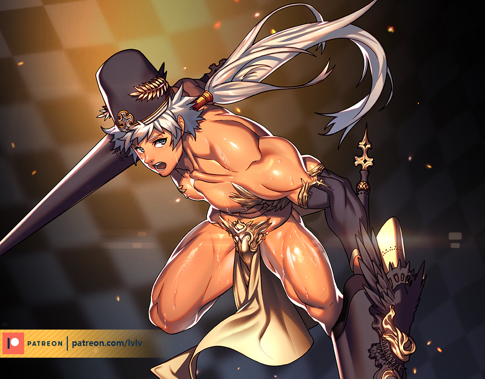bare_chest black_gloves capelet checkered checkered_background chest destiny_child dual_wielding elbow_gloves genderswap genderswap_(ftm) gloves hat holding long_hair lvlv ma'at_(destiny_child) male_focus patreon_logo pelvic_curtain ponytail revealing_clothes silver_hair solo tan thighs