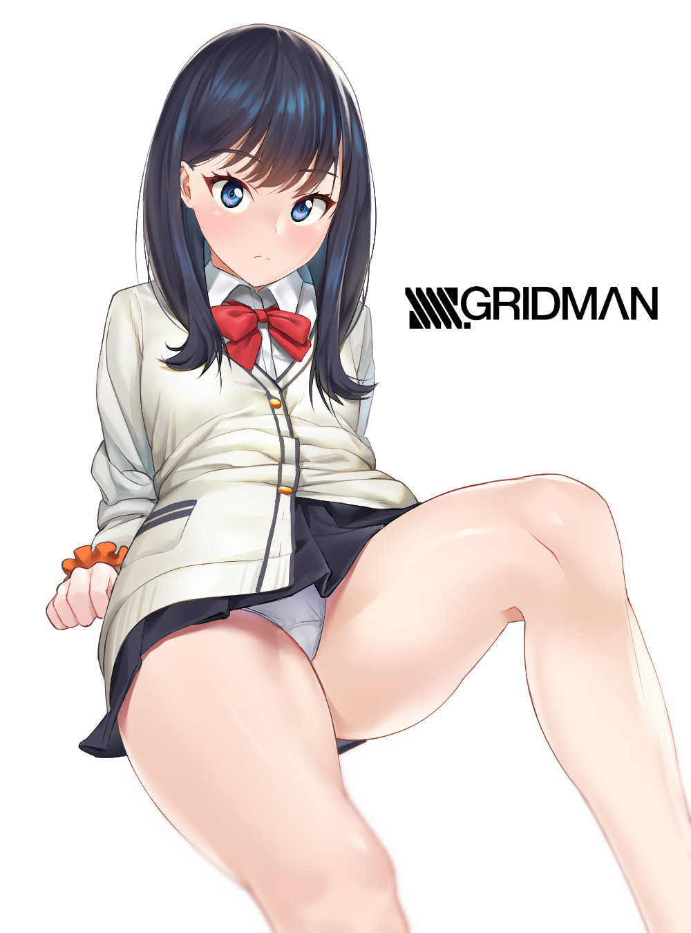 black_hair blue_eyes blush bow bowtie breasts cardigan commentary_request copyright_name feet_out_of_frame highres korean_commentary leg_up legs long_hair looking_at_viewer medium_breasts medium_hair miniskirt panties pantyshot pantyshot_(sitting) pleated_skirt scrunchie simple_background sitting skirt solo ssss.gridman takarada_rikka thighs uleuleuleu underwear white_background white_panties