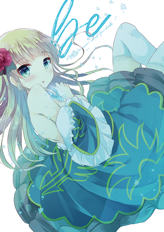 :o bangs bare_shoulders beatrice blonde_hair blue_dress blush commentary_request dress eyebrows_visible_through_hair flower frilled_sleeves frills green_eyes hair_flower hair_ornament hand_up kuriyuzu_kuryuu long_hair looking_at_viewer looking_to_the_side off_shoulder parted_lips red_flower red_rose rose simple_background solo thighhighs umineko_no_naku_koro_ni very_long_hair white_background white_legwear