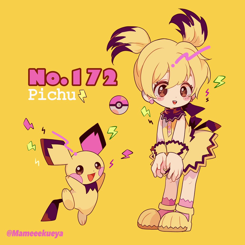 bangs black_hair blonde_hair blush_stickers character_name dress english full_body gen_2_pokemon hair_between_eyes lightning_bolt looking_at_viewer mameeekueya moemon multicolored_hair open_mouth personification pichu pink_legwear poke_ball pokemon pokemon_(creature) pokemon_number shoes simple_background smile standing twintails twitter_username yellow_background yellow_dress yellow_footwear