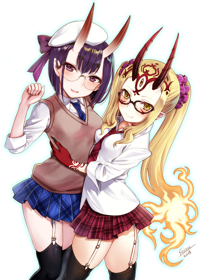 2girls :d alternate_costume bangs beret black_legwear blonde_hair blue_neckwear blue_outline blue_skirt blush breasts brown_eyes closed_mouth collared_shirt eyebrows_visible_through_hair facial_mark fang fang_out fate/grand_order fate_(series) fingernails forehead_mark garter_straps glasses hair_between_eyes hair_ornament hair_scrunchie hand_up hat hijiri_ruka horns ibaraki_douji_(fate/grand_order) long_hair long_sleeves looking_at_viewer multiple_girls necktie oni oni_horns open_mouth plaid plaid_neckwear plaid_skirt pleated_skirt purple_eyes purple_hair purple_scrunchie red_neckwear red_skirt round_eyewear school_uniform scrunchie shirt short_eyebrows shuten_douji_(fate/grand_order) signature skirt small_breasts smile sweater_vest thick_eyebrows thighhighs twintails very_long_hair white_background white_hat white_shirt