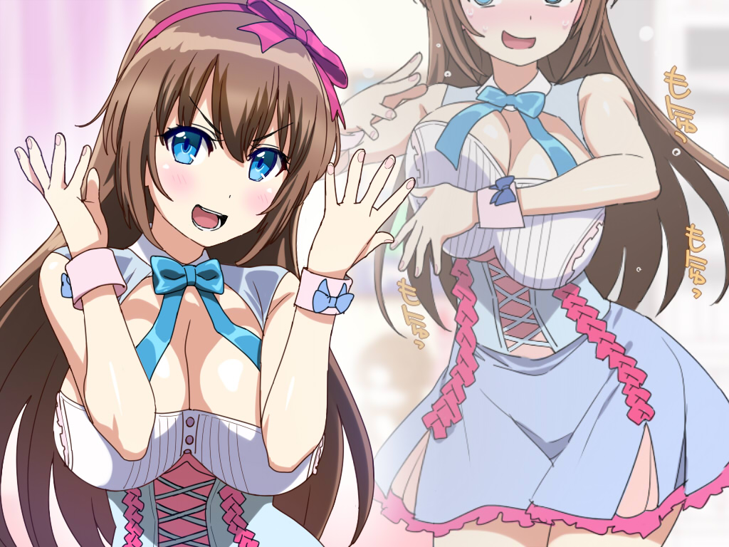 1girl :d bangs blue_dress blue_neckwear blurry blurry_background blush bow bowtie breasts brown_hair cleavage_cutout cowboy_shot cross-laced_clothes dress flying_sweatdrops frilled_dress frills fujisaki_yua hair_bow hairband hairband_bow hands_up head_out_of_frame indoors large_breasts long_hair looking_at_viewer multiple_views nose_blush open_mouth pink_hairband short_dress sleeveless smile standing sweatdrop tonbi upper_body virtual_youtuber wing_collar wrist_cuffs yua_(youtube)