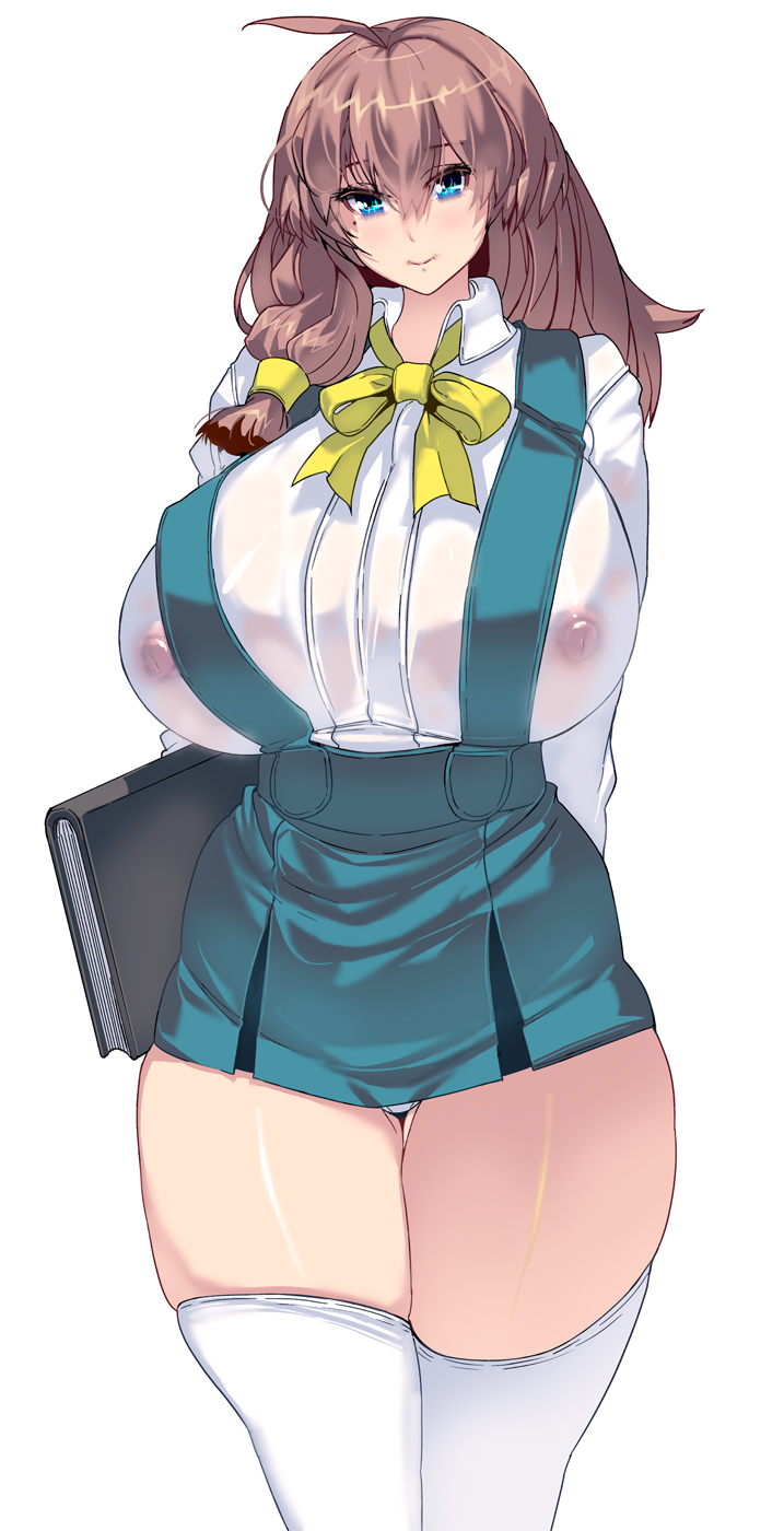 ahoge arms_behind_back blue_eyes book breasts brown_hair commentary_request curvy highres huge_breasts long_hair looking_at_viewer masao mole mole_under_eye nipples original school_uniform see-through simple_background skindentation skirt smile solo thick_thighs thighhighs thighs white_background white_legwear