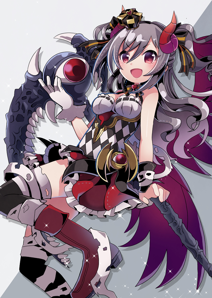:d asymmetrical_gloves bandages black_background boots checkered commentary_request crown drill_hair frilled_skirt frills gloves granblue_fantasy grey_hair hair_ribbon heart horns idolmaster idolmaster_cinderella_girls kanzaki_ranko kei_s01 long_hair mini_crown open_mouth red_eyes ribbon skirt smile solo sparkle staff thighhighs wings