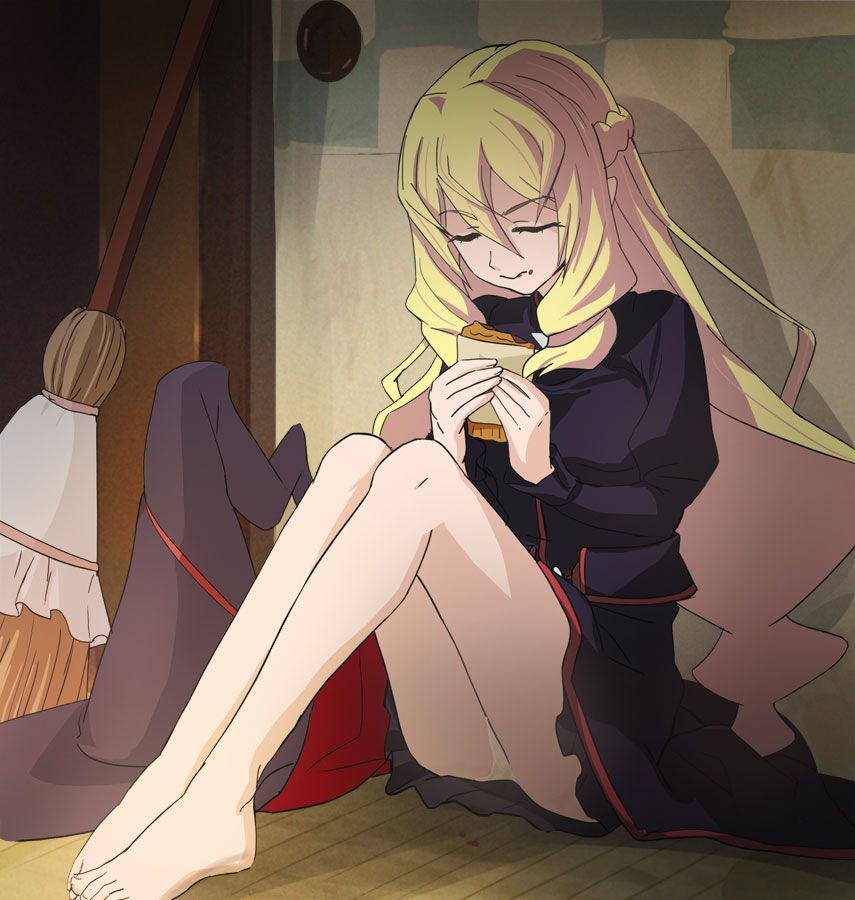 agnes_(gegege_no_kitarou_6) barefoot black_hair blonde_hair broom closed_eyes eating eyebrows_visible_through_hair gegege_no_kitarou haruyama_kazunori hat hat_removed headwear_removed indoors legs long_hair long_sleeves panties pantyshot pantyshot_(sitting) sitting solo underwear witch_hat yellow_panties