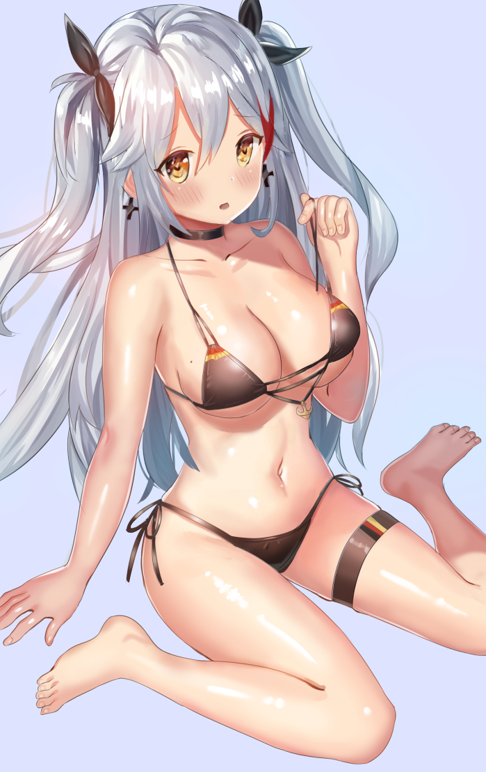 alternate_costume ame_sagari antenna_hair armpits azur_lane bangs bare_arms barefoot bikini black_bikini black_ribbon blush breasts brown_eyes choker cleavage commentary_request cross cross_earrings earrings eyebrows_visible_through_hair hair_between_eyes hair_ribbon hand_in_hair iron_cross jewelry large_breasts long_hair looking_at_viewer mole mole_on_breast multicolored_hair navel open_mouth orange_eyes prinz_eugen_(azur_lane) red_hair ribbon shiny shiny_skin side-tie_bikini sidelocks silver_hair simple_background sitting solo stomach streaked_hair swimsuit thigh_strap two_side_up untied untied_bikini very_long_hair wariza