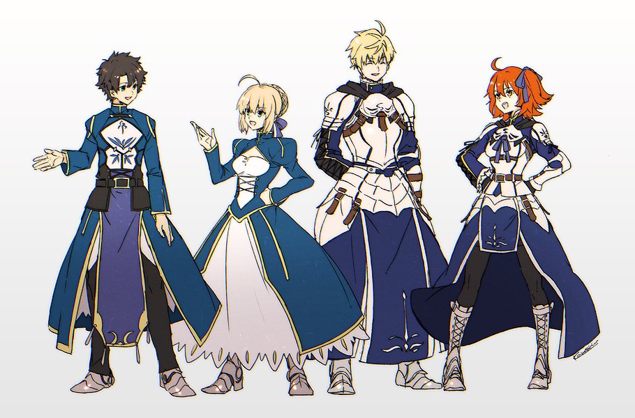 2girls adapted_costume armored_boots arthur_pendragon_(fate) arthur_pendragon_(fate)_(cosplay) artoria_pendragon_(all) belt black_hair blonde_hair boots cosplay fate/grand_order fate/prototype fate/stay_night fate_(series) fujimaru_ritsuka_(female) fujimaru_ritsuka_(male) full_body gradient gradient_background grey_background kaworu_(kaw_lov) looking_at_another multiple_boys multiple_girls one_side_up orange_hair pants pantyhose pelvic_curtain saber saber_(cosplay) simple_background