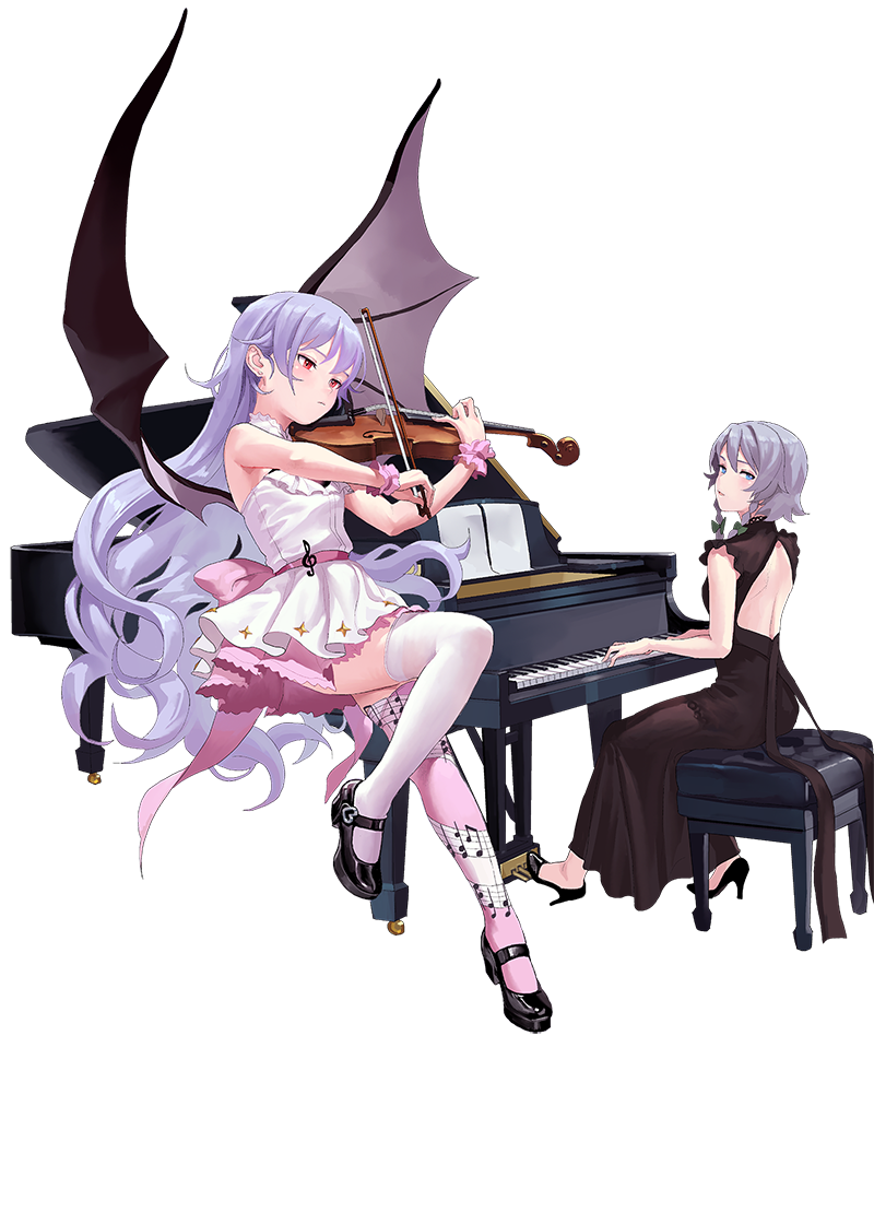 alternate_costume alternate_hair_length alternate_hairstyle asymmetrical_legwear back_cutout backless_dress backless_outfit bangs bare_arms bare_shoulders bat_wings black_dress black_footwear blue_eyes blue_hair blush bow braid chair dress fkey full_body green_bow high_heels holding holding_instrument instrument izayoi_sakuya long_hair looking_at_viewer looking_back mary_janes mismatched_legwear multiple_girls musical_note musical_note_print no_hat no_headwear paper parted_lips petticoat piano pink_legwear pink_sash red_eyes remilia_scarlet sash shoes short_dress silver_hair sitting sleeveless sleeveless_dress thighhighs touhou transparent_background treble_clef twin_braids very_long_hair violin violin_bow white_dress white_legwear wings wrist_cuffs