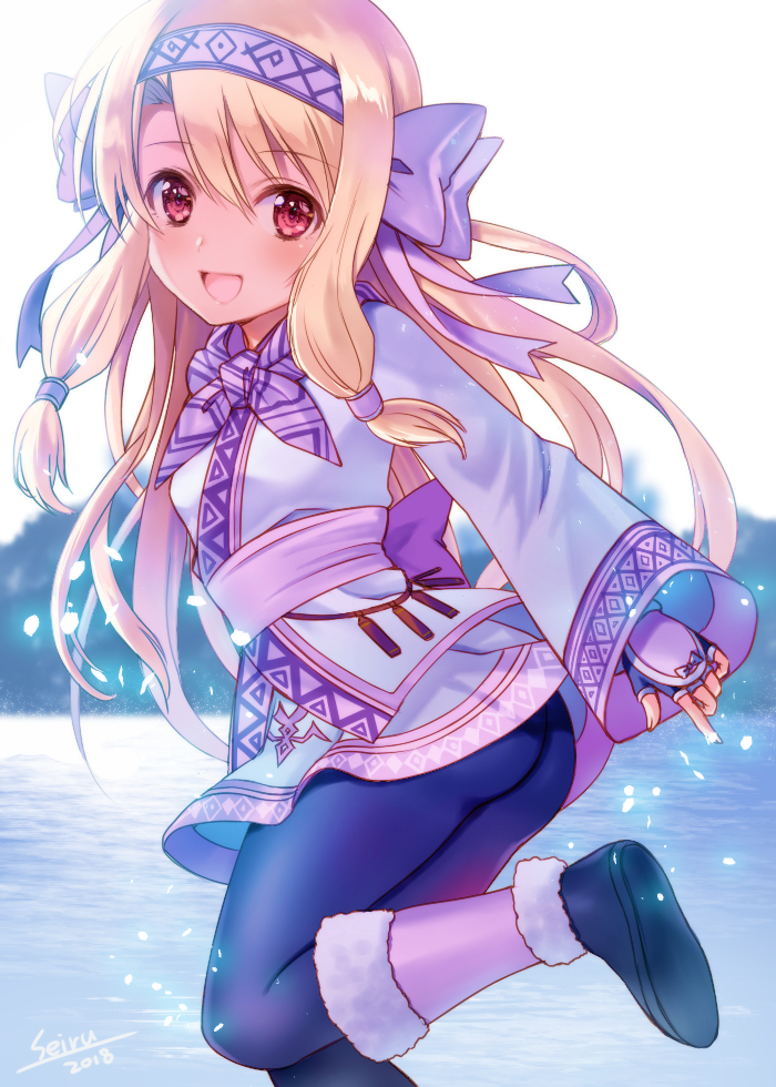 2018 :d ainu_clothes ass bangs black_footwear black_legwear blonde_hair blurry blurry_background blush bow day depth_of_field eyebrows_visible_through_hair fate/grand_order fate_(series) fingerless_gloves fur_trim gloves hair_between_eyes hair_bow hair_tubes hairband hijiri_ruka illyasviel_von_einzbern lake leg_warmers long_hair long_sleeves looking_at_viewer looking_to_the_side open_mouth outdoors pantyhose pink_hairband purple_bow purple_gloves red_eyes shoes sidelocks signature sitonai sleeves_past_wrists smile solo standing standing_on_one_leg very_long_hair water wide_sleeves