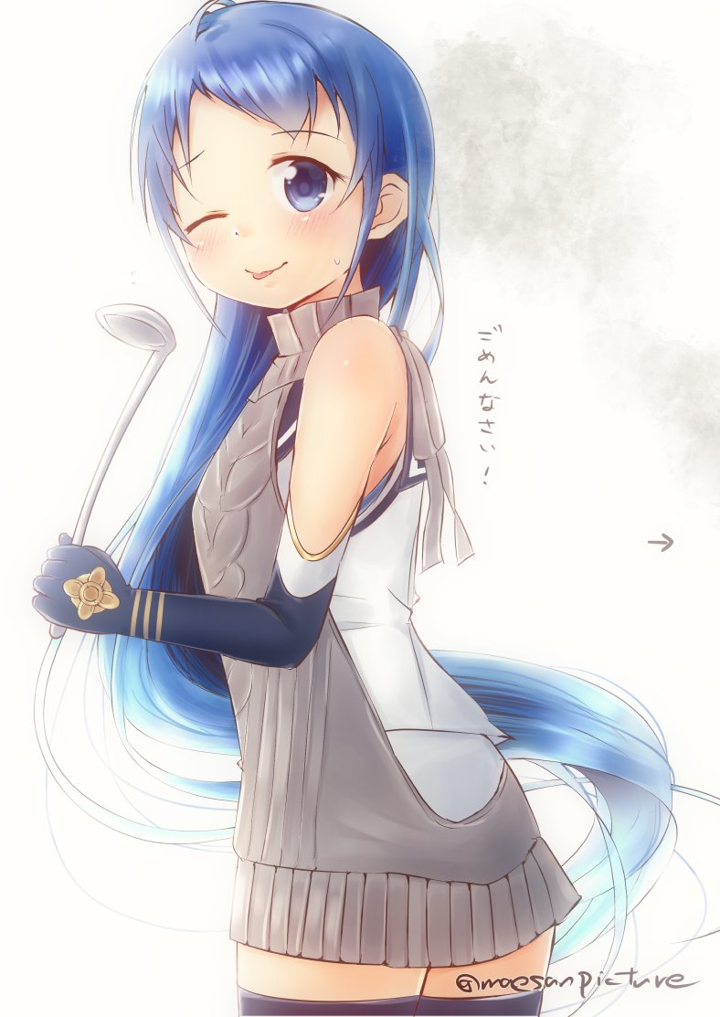 artist_name bangs bare_shoulders blue_eyes blue_hair blue_legwear blush commentary_request elbow_gloves eyebrows_visible_through_hair gloves hair_between_eyes holding kantai_collection ladle long_hair looking_at_viewer looking_back mae_(maesanpicture) meme_attire one_eye_closed samidare_(kantai_collection) school_uniform serafuku shirt simple_background solo sweatdrop swept_bangs thighhighs tongue tongue_out very_long_hair virgin_killer_sweater white_shirt zettai_ryouiki