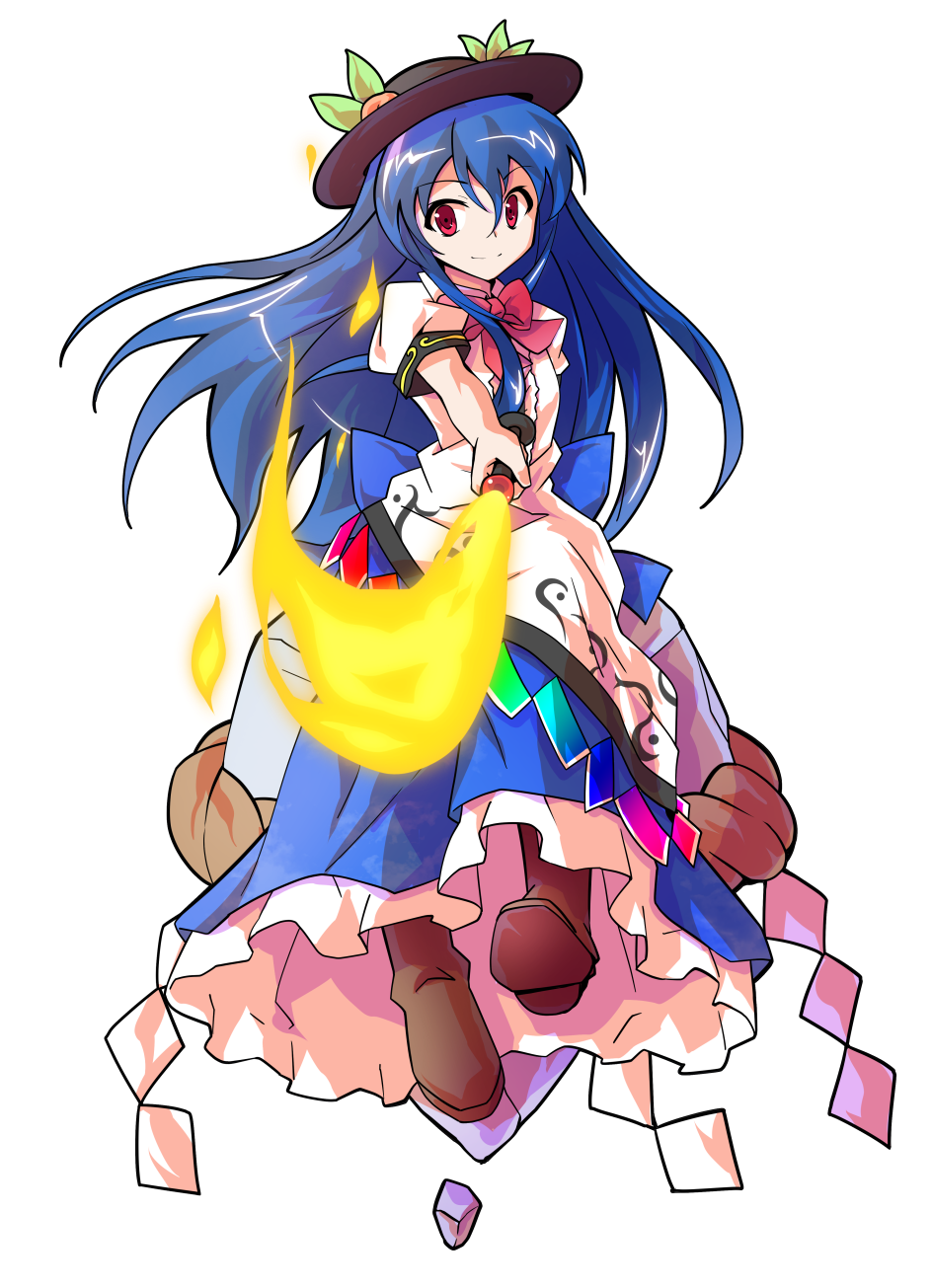 apron black_hat blouse blue_hair blue_skirt boots bow bowtie brown_footwear commentary_request dairi dress_shirt food frills fruit hat highres hinanawi_tenshi holding holding_weapon keystone leaf long_hair looking_at_viewer peach puffy_short_sleeves puffy_sleeves rainbow_order red_eyes shirt short_sleeves sitting_on_rock skirt smile solo standing sword_of_hisou tachi-e touhou weapon white_blouse