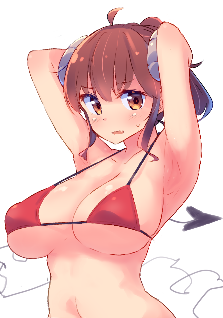 ahoge armpits arms_up bikini breasts brown_eyes brown_hair cleavage commentary_request highres hips large_breasts long_hair looking_at_viewer nitro_(mugityaoisii) ponytail red_bikini simple_background solo swimsuit wavy_mouth white_background