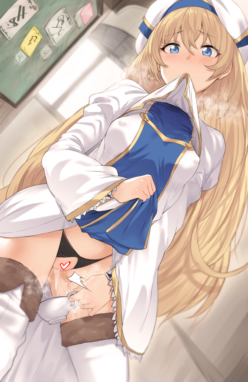 black_panties blonde_hair blue_eyes censored covered_nipples crotchless_panties cup goblin_slayer! heart heart_censor hews_hack highres lingerie long_hair looking_at_viewer mouth_hold panties pee peeing peeing_in_cup priestess_(goblin_slayer!) pussy skirt skirt_lift teacup thighhighs underwear white_legwear