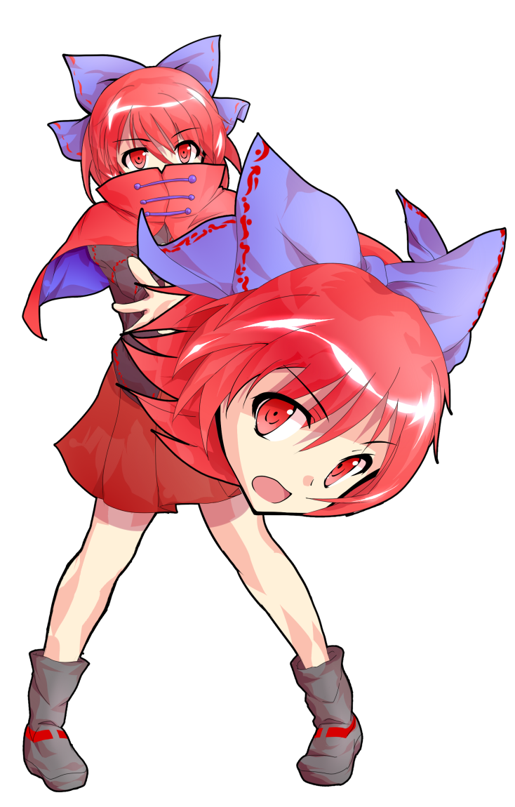 black_footwear black_shirt blue_bow boots bow cape commentary_request dairi disembodied_head hair_bow long_sleeves looking_at_viewer miniskirt open_mouth red_cape red_eyes red_hair red_skirt sekibanki shirt short_hair skirt solo standing tachi-e touhou