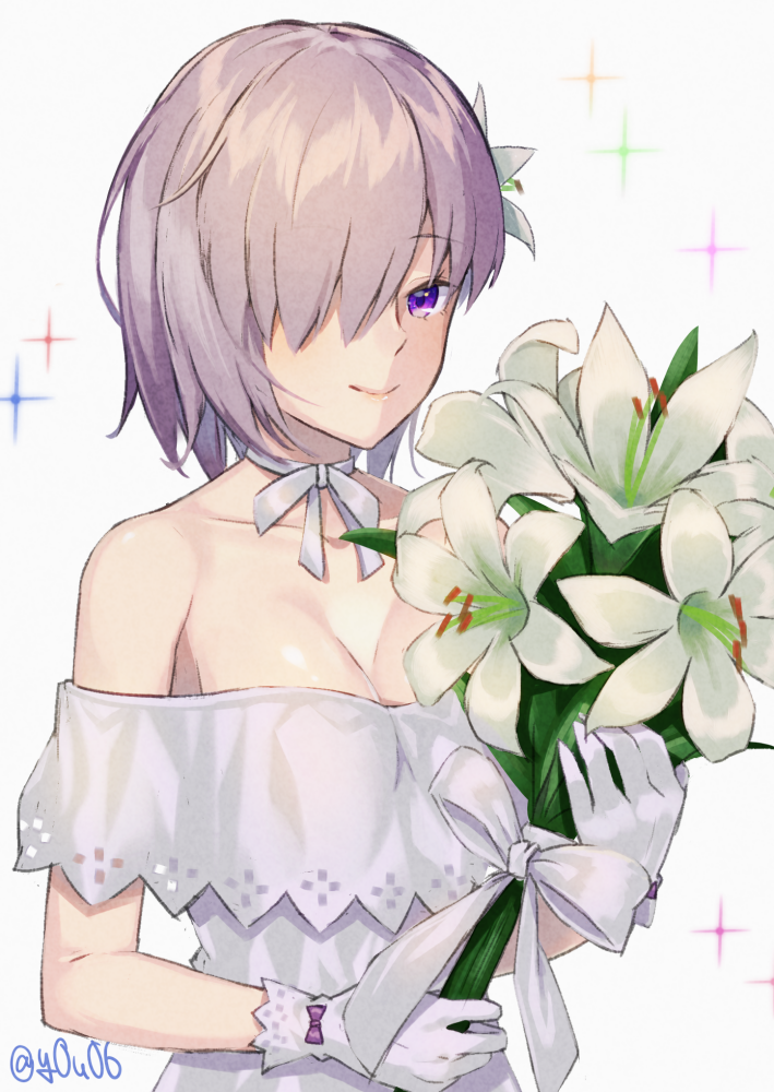 bouquet bow breasts choker cleavage closed_mouth collarbone dress fate/grand_order fate_(series) flower gloves hair_flower hair_ornament hair_over_one_eye holding holding_bouquet lily_(flower) looking_at_viewer mash_kyrielight medium_breasts off-shoulder_dress off_shoulder purple_bow purple_eyes ribbon ribbon_choker short_hair silver_hair smile solo sparkle twitter_username upper_body white_background white_dress white_flower white_gloves white_ribbon you06