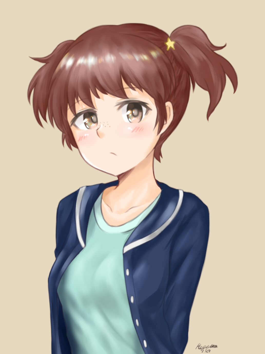 alisa_(girls_und_panzer) arms_behind_back artist_name bangs beige_background blue_jacket boxreeema brown_eyes brown_hair casual closed_mouth dated eyebrows_visible_through_hair freckles frown girls_und_panzer green_shirt hair_ornament highres jacket long_sleeves looking_at_viewer open_clothes open_jacket shirt short_hair short_twintails simple_background solo star star_hair_ornament twintails upper_body