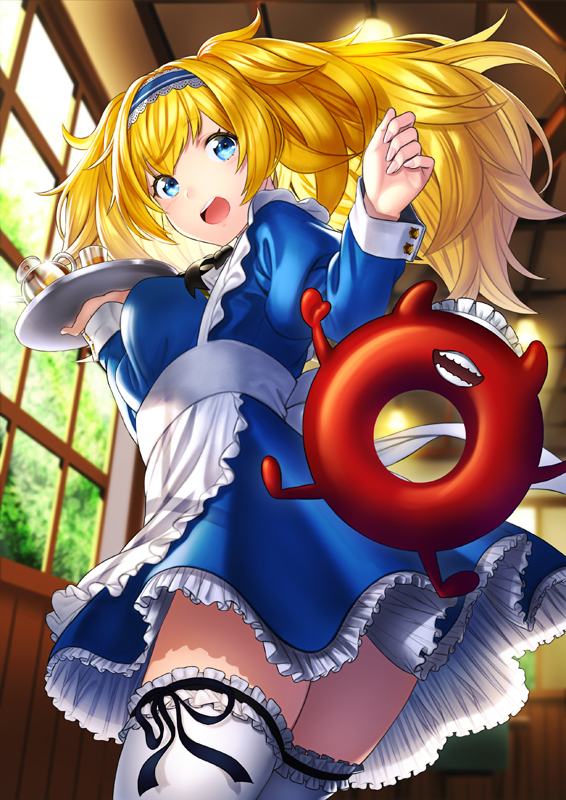 adapted_costume alternate_costume apron black_neckwear blonde_hair blue_dress blue_eyes breasts coffee collared_shirt commentary_request dress enemy_lifebuoy_(kantai_collection) enmaided eyebrows_visible_through_hair fangs gambier_bay_(kantai_collection) garter_straps glass hair_between_eyes hairband holding indoors kantai_collection kyon_(fuuran) large_breasts lifebuoy light long_hair long_sleeves maid maid_apron maid_headdress neckerchief open_mouth puffy_long_sleeves puffy_sleeves shinkaisei-kan shirt sliding_doors smile thighhighs tray tree twintails waist_apron waitress white_apron white_legwear white_shirt