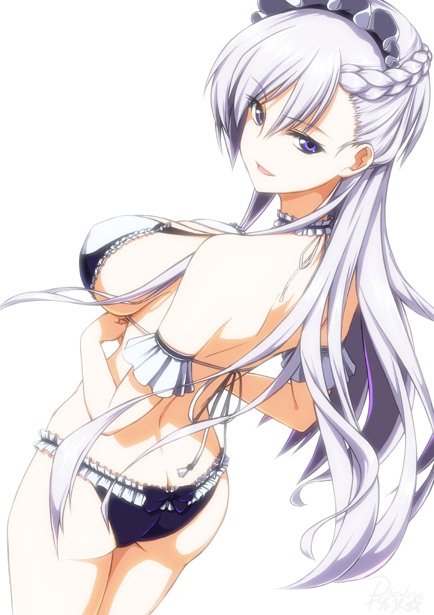 alternate_costume ass azur_lane back bangs bare_shoulders belfast_(azur_lane) bikini blush bow_bikini braid breasts butt_crack choker dutch_angle eyebrows_visible_through_hair french_braid frilled_bikini frilled_choker frills from_behind halter_top halterneck hands_together highres koutarou_(plusdrive) large_breasts long_hair looking_at_viewer looking_back maid_headdress open_mouth purple_bikini purple_eyes shoulder_blades sidelocks signature silver_hair simple_background smile solo swimsuit thighs white_background