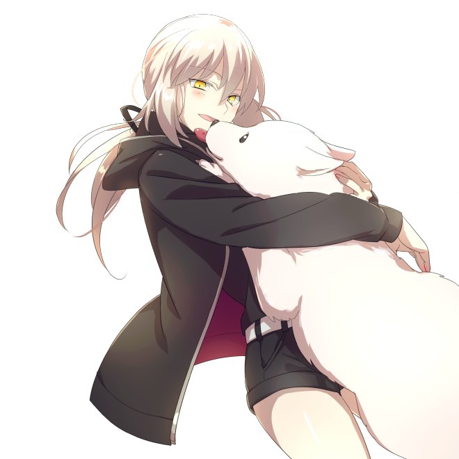 :d artoria_pendragon_(all) black_jacket black_ribbon black_shirt black_shorts cis05 dog eyebrows_visible_through_hair fate/stay_night fate_(series) hair_between_eyes hair_ribbon hood hood_down hooded_jacket hug jacket long_hair long_sleeves open_clothes open_jacket open_mouth ponytail ribbon saber_alter shirt short_shorts shorts silver_hair simple_background smile solo tongue tongue_out white_background yellow_eyes