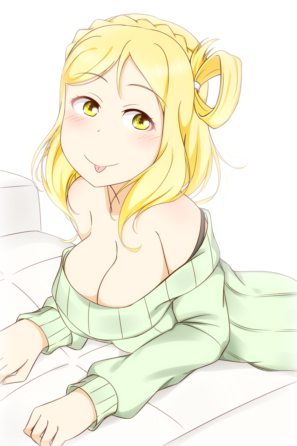 10s 1girl bare_shoulders blonde_hair braid breasts cleavage downblouse eyebrows_visible_through_hair feitonokesin large_breasts looking_at_viewer love_live! love_live!_sunshine!! medium_hair off-shoulder_sweater off_shoulder ohara_mari simple_background smile solo sweater tongue tongue_out white_background yellow_eyes