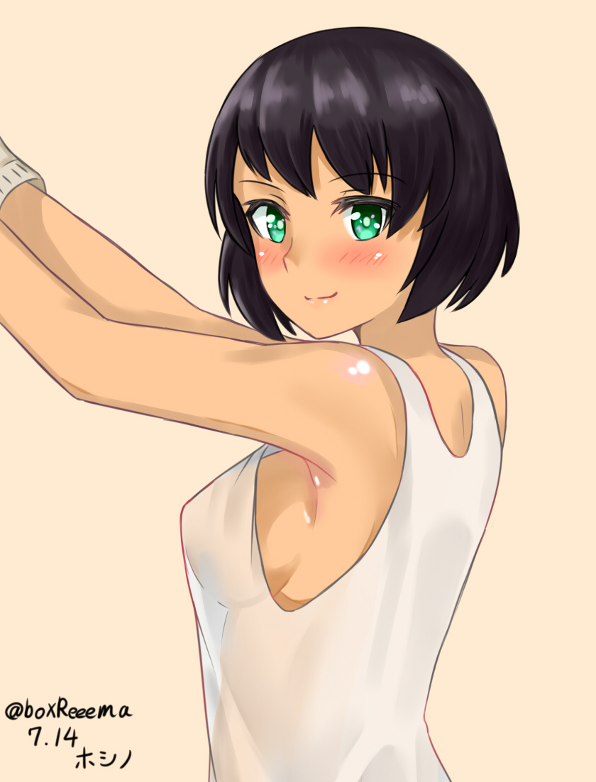 bangs beige_background black_hair boxreeema breasts character_name closed_mouth dark_skin dated eyebrows_visible_through_hair from_side girls_und_panzer gloves green_eyes hoshino_(girls_und_panzer) light_blush looking_at_viewer mechanic see-through shirt short_hair sideboob simple_background smile solo standing tank_top twitter_username uniform upper_body white_gloves white_shirt
