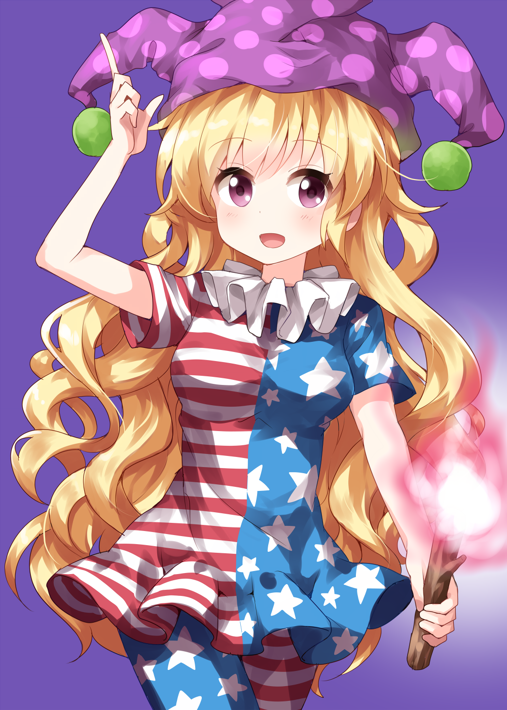:d american_flag_dress american_flag_legwear arm_up bangs blonde_hair blue_dress blue_legwear blush breasts clownpiece commentary_request cowboy_shot dress eyebrows_visible_through_hair hat highres holding holding_torch index_finger_raised jester_cap long_hair looking_at_viewer medium_breasts neck_ruff open_mouth pantyhose polka_dot_hat purple_background purple_eyes purple_hat red_dress red_legwear ruu_(tksymkw) short_dress short_sleeves simple_background smile solo star star_print striped striped_dress striped_legwear torch touhou very_long_hair white_dress white_legwear