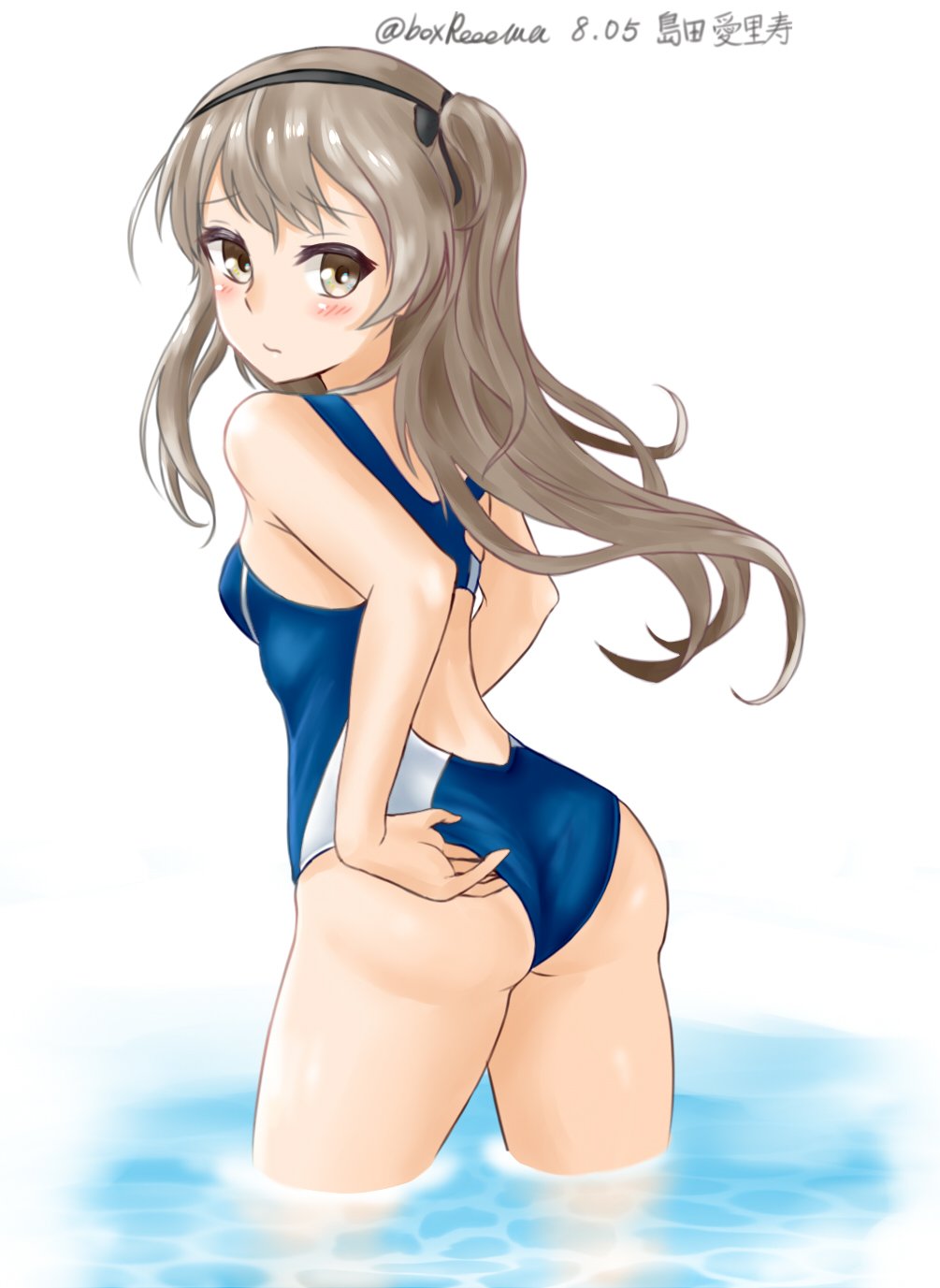 adjusting_clothes adjusting_swimsuit ass bangs black_ribbon blue_swimsuit boxreeema breasts character_name closed_mouth commentary competition_swimsuit cowboy_shot dated from_behind frown girls_und_panzer hair_ribbon highres leaning_forward light_brown_eyes light_brown_hair long_hair looking_at_viewer looking_back one-piece_swimsuit ribbon shimada_arisu side_ponytail small_breasts solo standing swimsuit thighs twitter_username wading wind