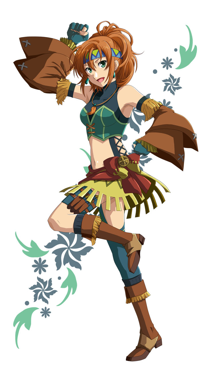 :d aqua_gloves arm_up asymmetrical_legwear bandana blue_legwear boots brown_footwear brown_hair brown_sleeves clenched_hands crop_top cross-laced_clothes detached_sleeves earrings fingerless_gloves fringe_trim full_body gloves green_eyes hair_between_eyes headband high_ponytail highres holster jewelry karna_(ys) knee_boots kneehighs kotori_hina leg_up long_hair long_sleeves looking_at_viewer midriff miniskirt navel necklace open_mouth ponytail simple_background single_thighhigh skirt smile solo standing standing_on_one_leg stomach thigh_holster thighhighs white_background wide_sleeves ys ys_memories_of_celceta