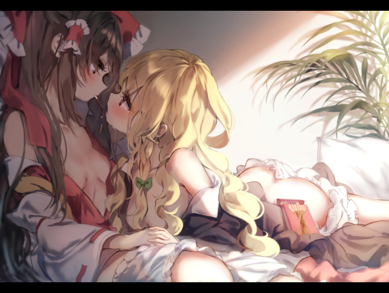 ass bangs bare_shoulders blonde_hair bloomers blush bow breasts brown_eyes brown_hair collarbone commentary detached_sleeves eye_contact food from_side green_bow hair_bow hair_tubes hakurei_reimu holding_hands indoors kirisame_marisa letterboxed long_hair long_sleeves looking_at_another looking_down looking_up multiple_girls no_hat no_headwear open_clothes piyokichi plant pocky profile red_bow ribbon-trimmed_sleeves ribbon_trim sidelocks small_breasts touhou underwear white_bloomers wide_sleeves yellow_eyes yuri