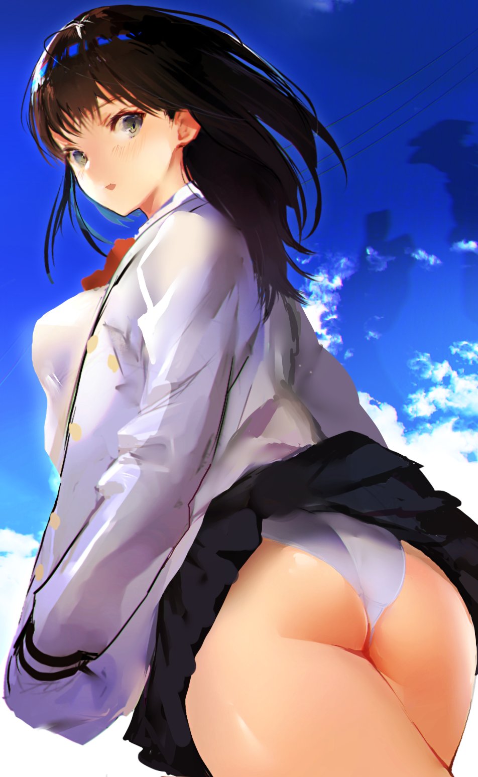 ass bangs black_hair black_skirt blue_sky blush bow bowtie breasts cardigan commentary grey_eyes hand_in_pocket highres hips hitaki_yuu long_hair long_sleeves looking_at_viewer looking_back miniskirt open_cardigan open_clothes open_mouth panties pleated_skirt red_bow school_uniform shirt skirt sky solo ssss.gridman sweater takarada_rikka underwear white_shirt white_sweater