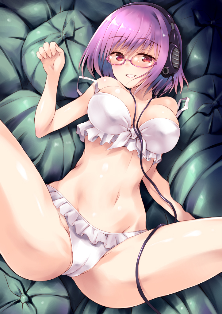 bikini breasts cameltoe frilled_bikini frills front-tie_top glasses headphones kouzuki_hajime large_breasts lavender_hair looking_at_viewer lying navel parted_lips pink-framed_eyewear red_eyes semi-rimless_eyewear shinjou_akane solo spread_legs ssss.gridman strap_slip swimsuit trash_bag under-rim_eyewear white_bikini