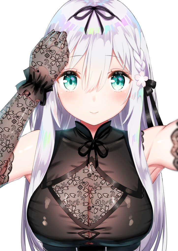 arm_up bangs bare_shoulders black_bow black_dress black_ribbon blush bow braid breasts brown_gloves cleavage closed_mouth commentary_request dress elbow_gloves eyebrows_visible_through_hair flower gloves green_eyes hair_between_eyes hair_bow hair_flower hair_ornament hair_ribbon kamiki_kinu kinu_channel lace lace_gloves large_breasts long_hair looking_at_viewer pink_flower reaching_out ribbon see-through self_shot silver_hair simple_background sleeveless sleeveless_dress smile solo upper_body very_long_hair virtual_youtuber white_background yasuyuki