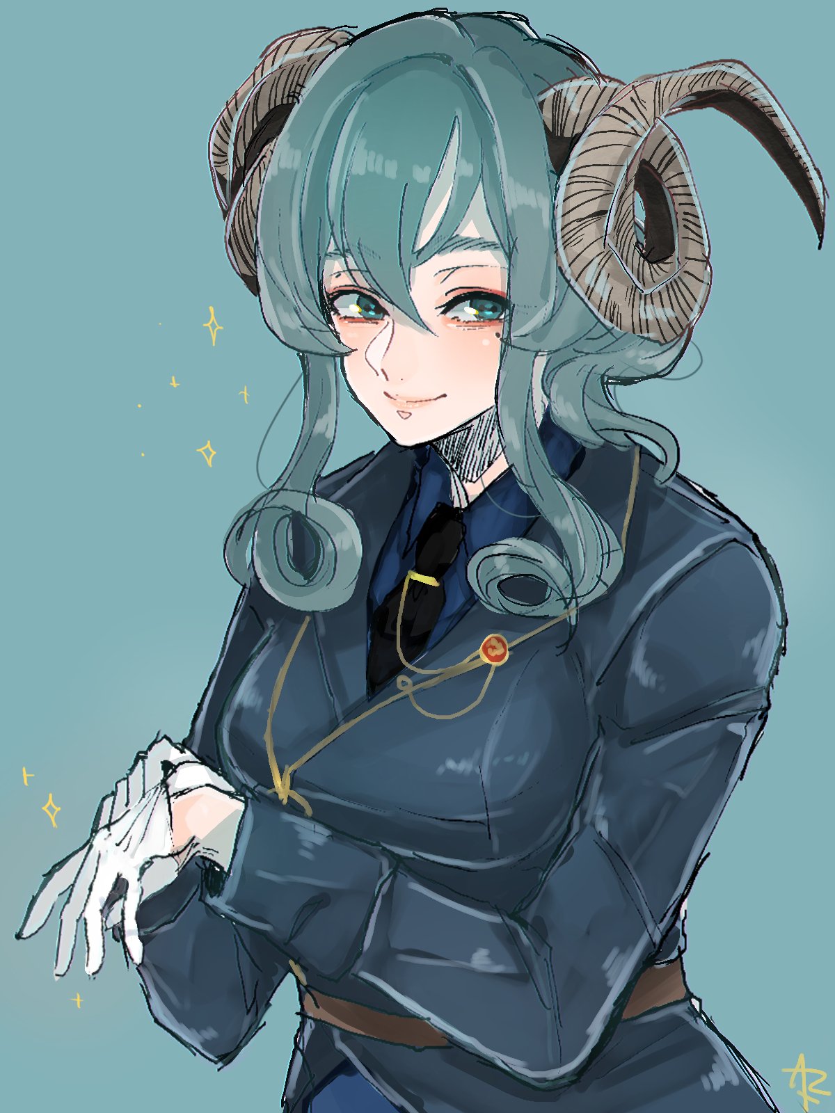 a-maru_(aaa_circle0110) black_neckwear blue_hair blue_skirt collared_shirt commentary_request gloves gotland_(kantai_collection) half_gloves highres horns kantai_collection kemonomimi_mode long_hair looking_to_the_side military military_uniform mole mole_under_eye necktie remodel_(kantai_collection) shirt skirt uniform white_gloves