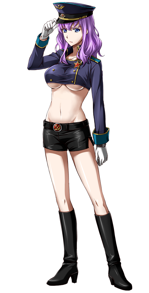 adjusting_clothes adjusting_hat arm_at_side belt belt_buckle black_footwear black_hat black_shorts blue_eyes boots breasts buckle full_body gloves hammer_and_sickle hat knee_boots long_hair looking_at_viewer medal medium_breasts midriff navel official_art patriarch_xtasy purple_hair sasha_garmanev short_shorts shorts smile solo standing transparent_background underboob white_gloves