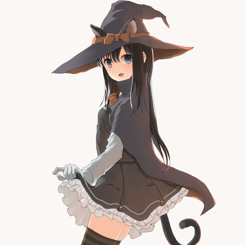 animal_ears asashio_(kantai_collection) backlighting black_cape black_hair bloom blue_eyes bow cape cat_ears cat_girl cat_tail commentary dress ears_through_headwear frilled_dress frills from_side gloves hat hat_ribbon high_collar kantai_collection long_hair long_sleeves looking_at_viewer looking_to_the_side neck_ribbon orange_ribbon pinafore_dress red_bow ribbon shirt simple_background skindentation skirt_hold solo straight_hair striped striped_legwear sunset tail thighhighs usagikoya white_gloves white_shirt witch witch_hat