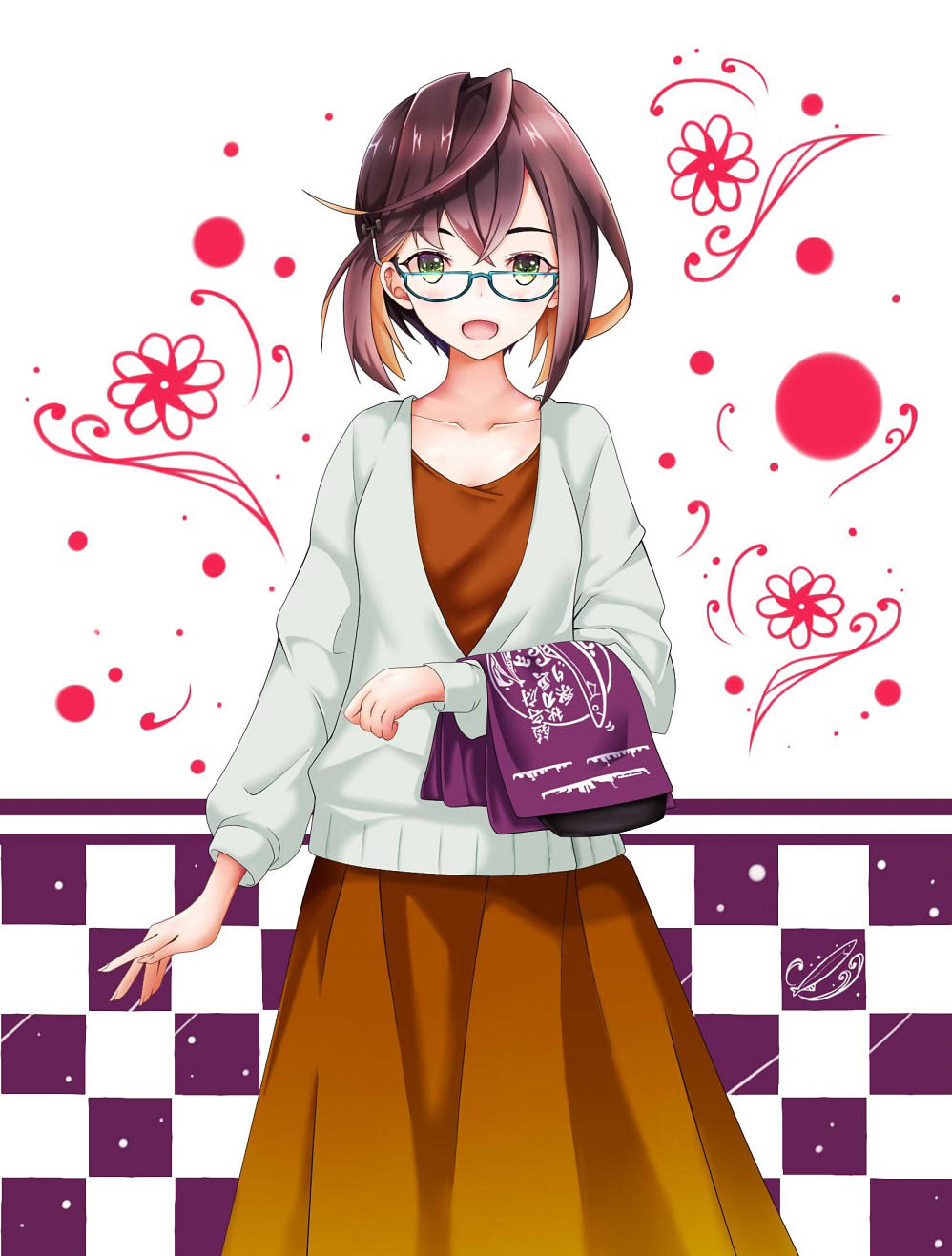:d aqua-framed_eyewear bangs blush brown_dress brown_hair casual checkered checkered_background collarbone commentary_request crossed_bangs dress fish glasses gradient gradient_dress green_eyes hair_ornament hairpin highres kantai_collection long_sleeves looking_at_viewer multicolored_hair okinami_(kantai_collection) open_mouth orange_hair remimiku short_hair smile solo two-tone_hair