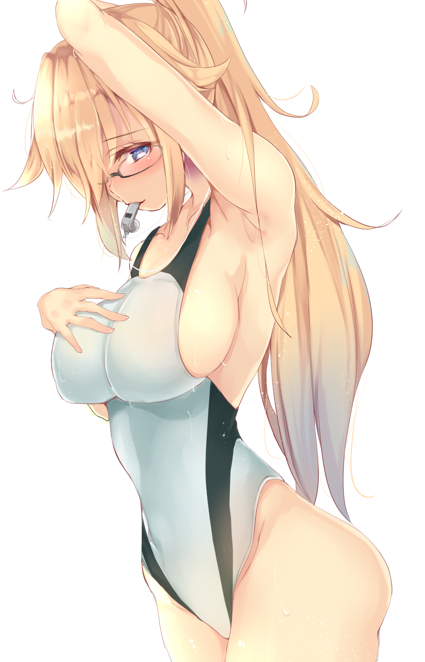 arm_up armpits ashino bare_arms bare_legs black_hairband blonde_hair blue_eyes blush breasts collarbone commentary_request competition_swimsuit cowboy_shot fate/grand_order fate_(series) from_side glasses hairband hand_on_own_chest high_ponytail highleg highleg_swimsuit highres impossible_clothes jeanne_d'arc_(fate) jeanne_d'arc_(fate)_(all) jeanne_d'arc_(swimsuit_archer) large_breasts lips looking_at_viewer one-piece_swimsuit ponytail sideboob simple_background solo swimsuit thighs wet wet_clothes whistle whistle_around_neck white_swimsuit wide_hips