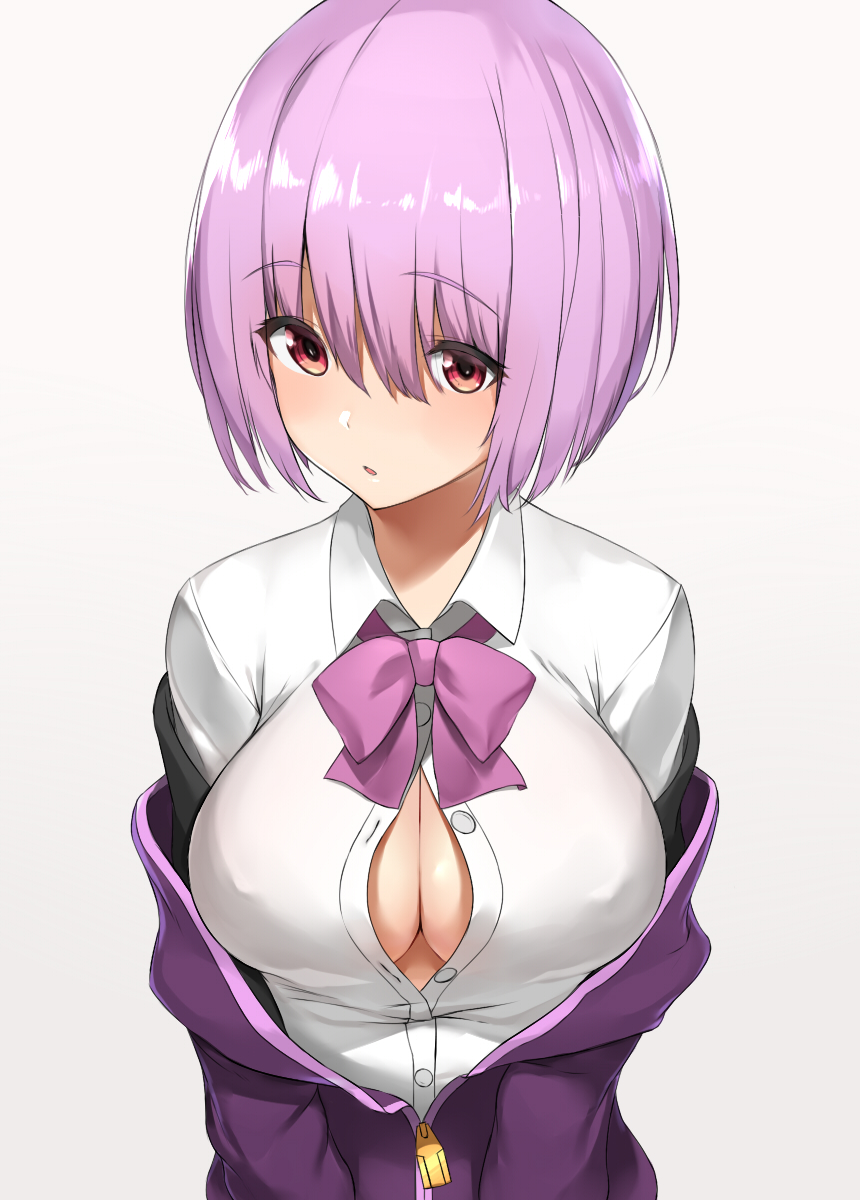 :o blush bow bowtie breasts button_gap center_opening cleavage collared_shirt commentary_request eyebrows_visible_through_hair highres hood hoodie large_breasts nnoelllll no_bra open_mouth purple_hair purple_neckwear red_eyes school_uniform shinjou_akane shirt short_hair simple_background solo ssss.gridman unbuttoned white_background