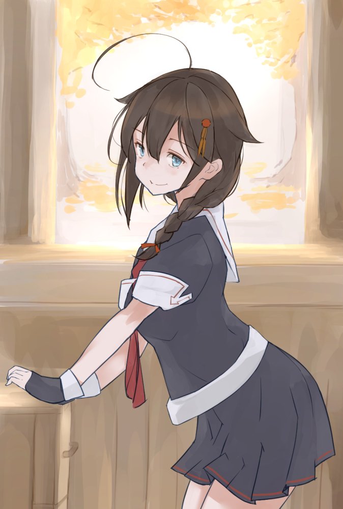 ahoge black_hair black_serafuku black_skirt blue_eyes braid commentary_request fingerless_gloves gloves hair_flaps hair_ornament hair_over_shoulder hair_ribbon hairclip kantai_collection neckerchief pleated_skirt red_neckwear remodel_(kantai_collection) ribbon school_uniform serafuku shigure_(kantai_collection) single_braid skirt solo window yamaioni_(sasakama)