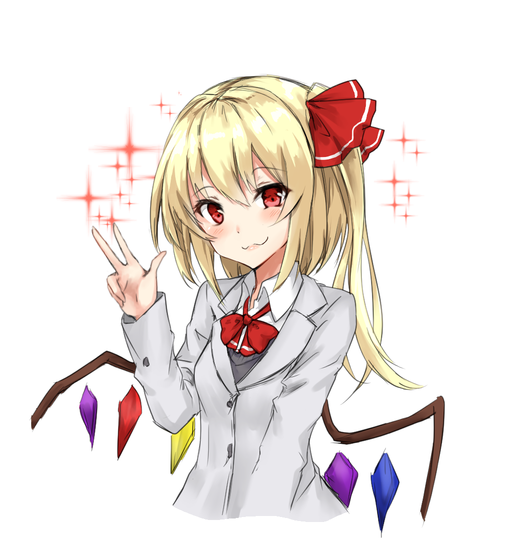 :3 alternate_costume amagi_(amagi626) bangs blazer blonde_hair blush bow bowtie breasts commentary_request contemporary cropped_torso crystal eyebrows_visible_through_hair flandre_scarlet grey_jacket hair_between_eyes hair_ribbon hand_up jacket long_hair long_sleeves looking_at_viewer no_hat no_headwear one_side_up red_bow red_eyes red_neckwear red_ribbon ribbon school_uniform shirt simple_background small_breasts smile solo sparkle sweater_vest touhou upper_body w white_background white_shirt wing_collar wings