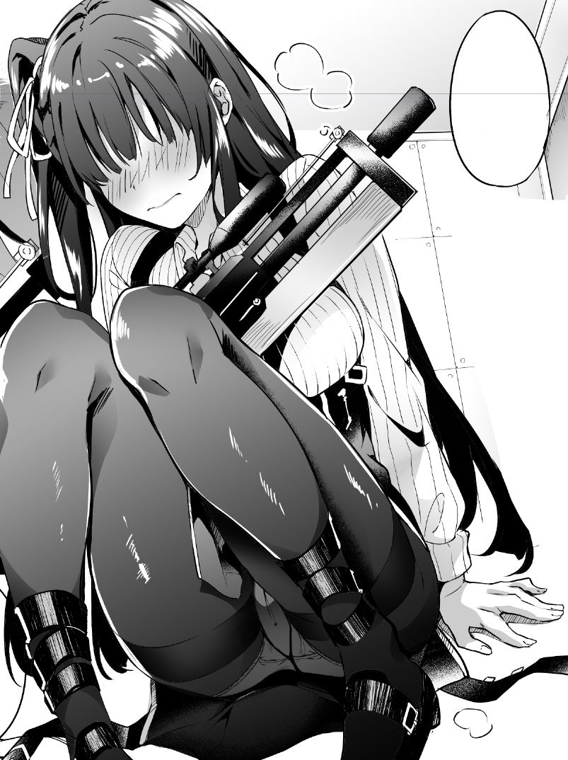 bangs bullpup commentary_request girls_frontline greyscale gun gusset hair_over_eyes jacob_dream_world monochrome one_side_up panties panties_under_pantyhose pantyhose rifle sniper_rifle squatting thighband_pantyhose underwear wa2000_(girls_frontline) walther walther_wa_2000 weapon